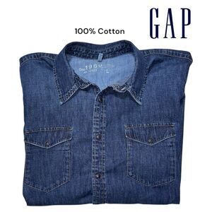 GAP 100% Cotton Denim Snap Front Long Sleeve Shirt, Large